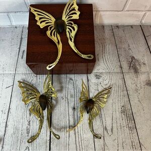 Vintage Homco Home Interiors 3 Pc Brass Gold Butterflies Wood Bodies Wall Decor